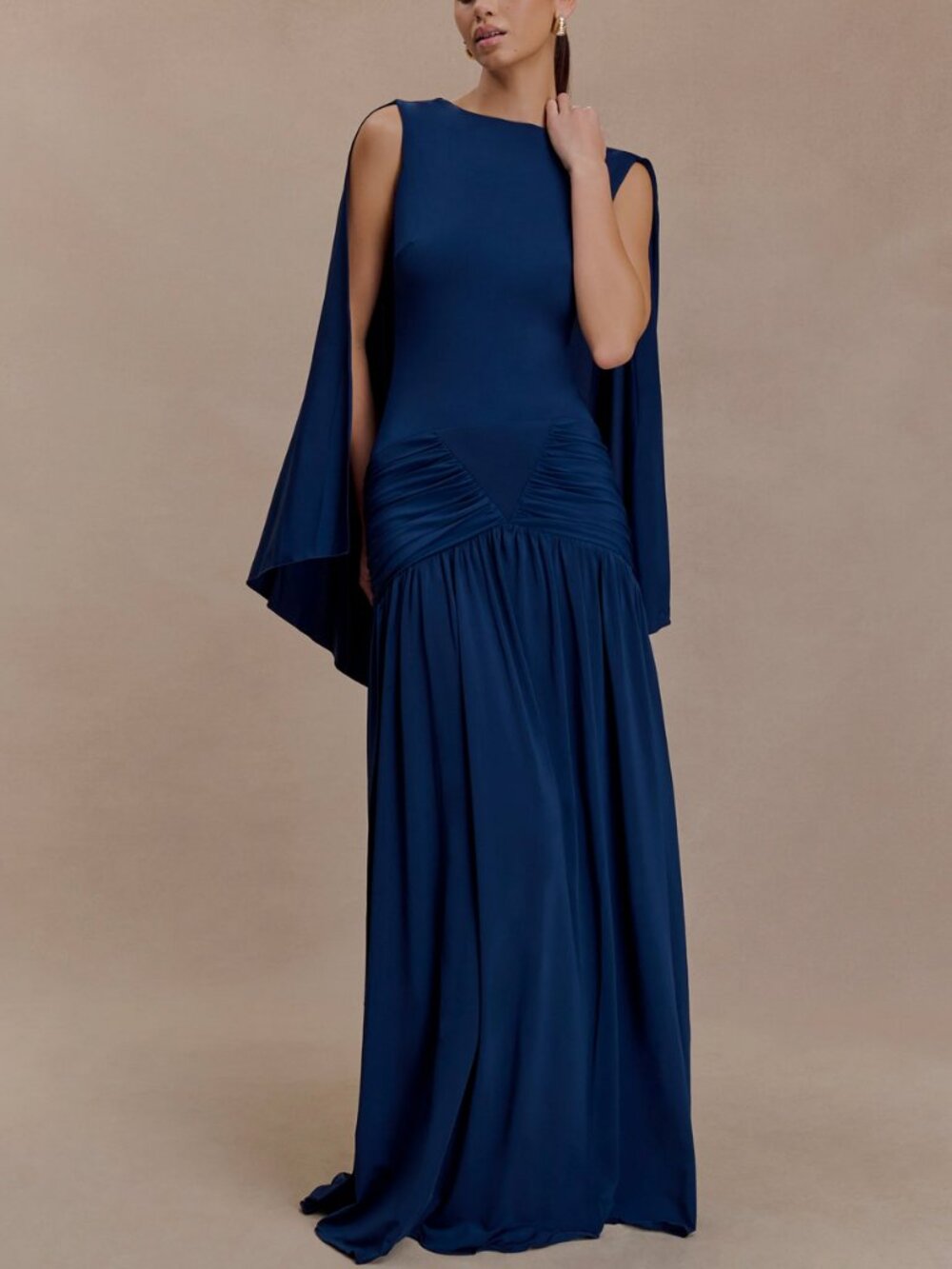 BEST Meshki Emory Jersey Cape Maxi Dress Gown Navy Blue Backless Cocktail Party - Picture 1 of 11